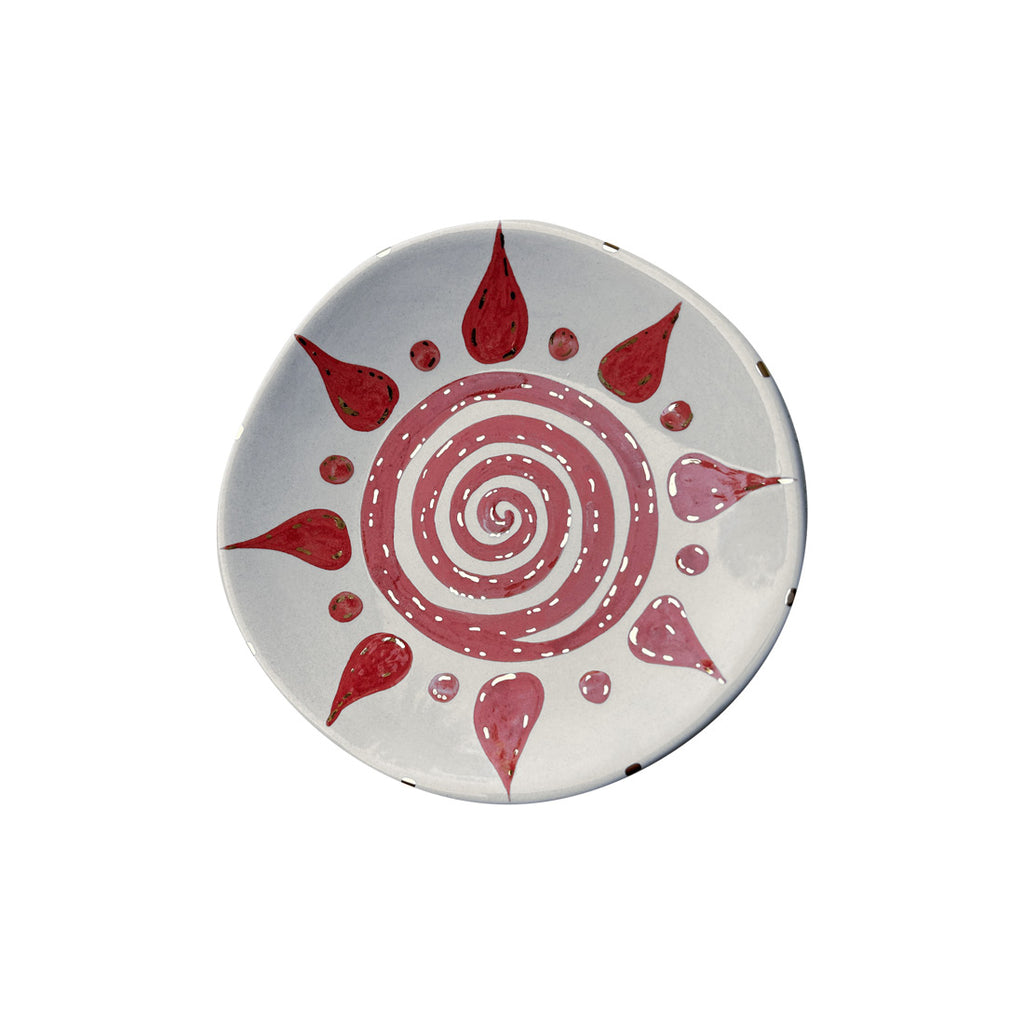 Ortasi spiralli kirmizi ve altin renkli gunes desenli hediyelik tabak_Plate with spiral red sun pattern