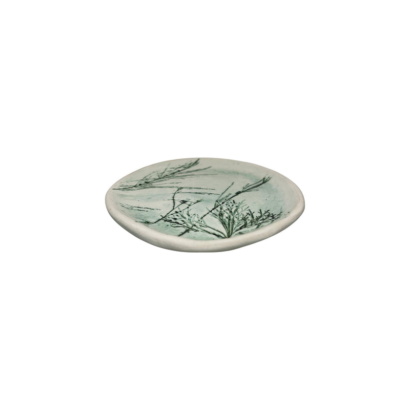 Ot desenli yesil bej seramik tabak_Green and beige ceramic plate with plant patterns