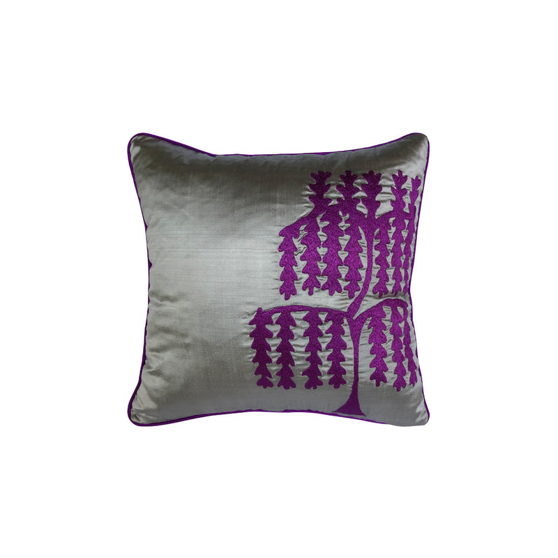 Parlak gri ipek kumas ustune mor hayat agaci motifli kare kirlent_Gray silk cushion with purple tree of life motif