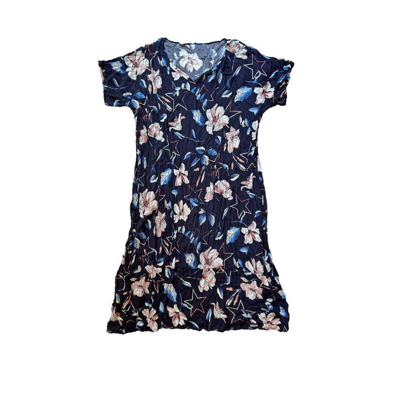 Pembe cicek desenli lacivert uzun buyuk beden pamuklu elbise_Navy blue long plus size cotton dress with pink flower pattern
