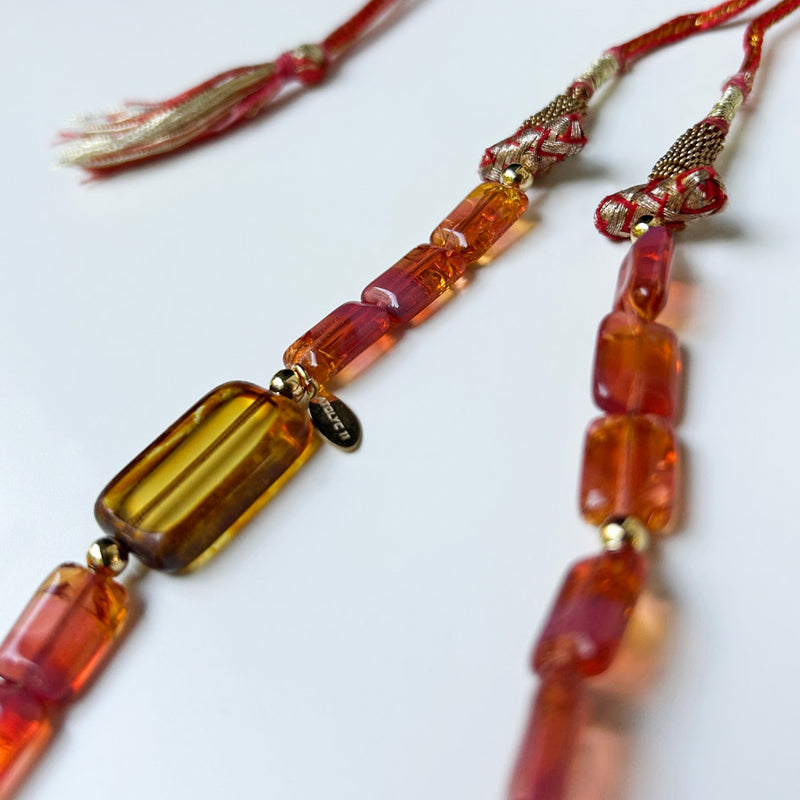 Pembe turuncu cam boncuklu puskullu el yapimi kolye_Hand crafted necklace with pink and orange glass beads