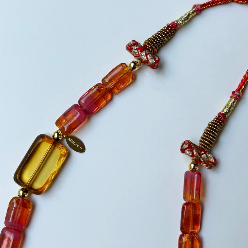 Pembe turuncu cam boncuklu puskullu el yapimi kolye_Hand crafted necklace with pink and orange glass beads