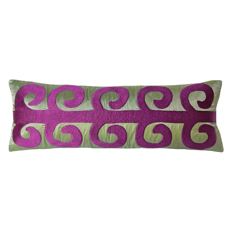 Pembemsi mor hayat agaci nakisli su yesili ipek yastik_Eau de nil green silk cushion with purple embroidery