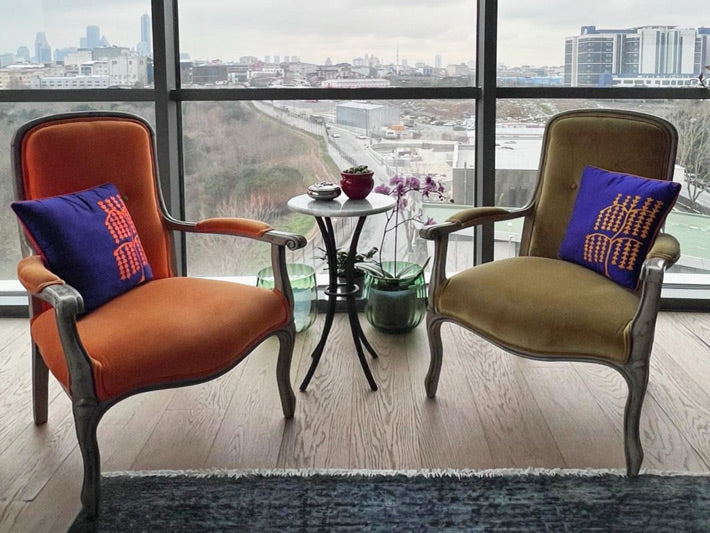 Pencere onunde duran turuncu ve sari iki koltuk ve ustlerinde mor kirlentler_Two armchairs one orange and one yellow with purple cushions on them