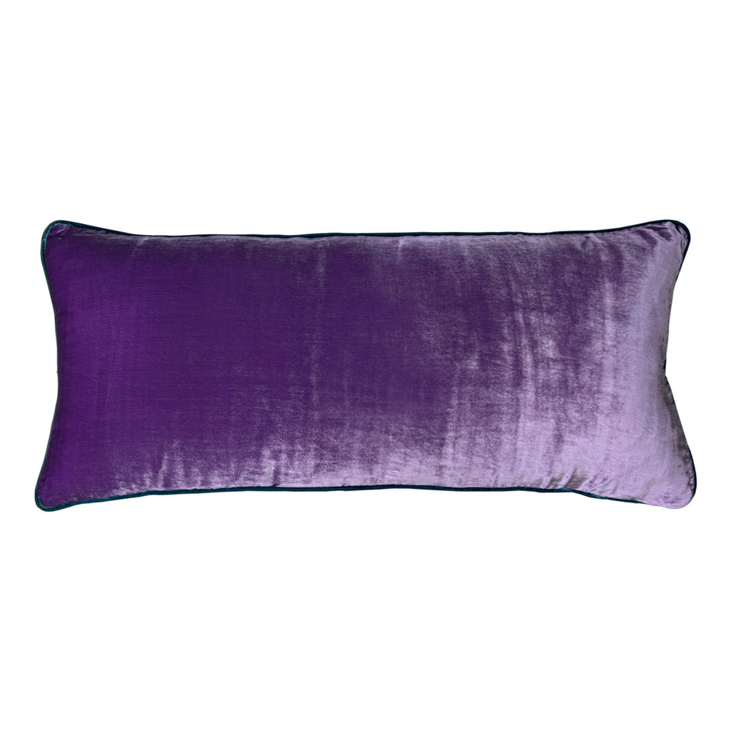Onu mor kadife fitili petrol yesili arkasi pamuklu uzun yastik_Long purple velvet cushion with peacock blue piping and cotton back