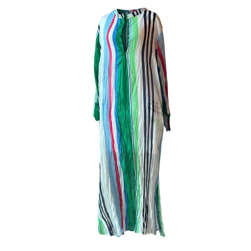 Rengarenk cizgili uzun kollu uzun elbise_Long dress with colorful stripes
