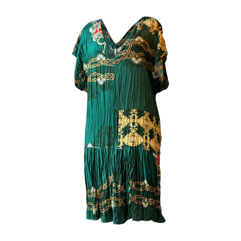 Sari desenli yesil kisa kollu yazlik elbise_Green summer dress with yellow pattern