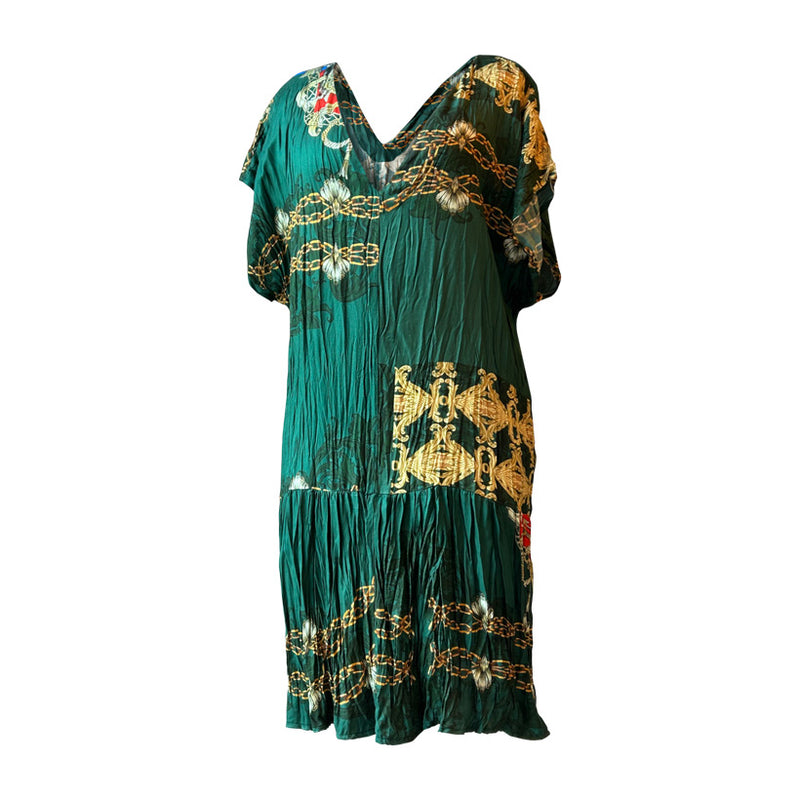 Sari desenli yesil kisa kollu yazlik elbise_Green summer dress with yellow pattern