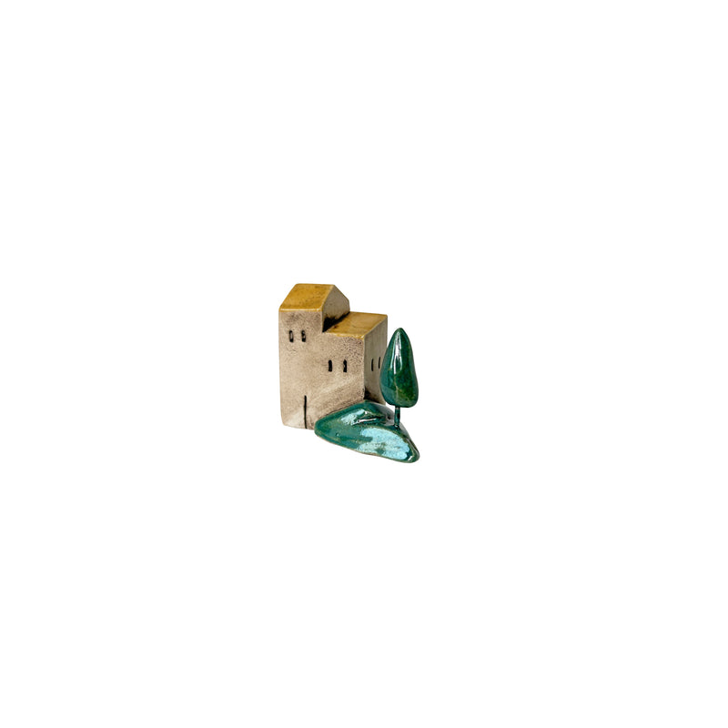 Sari iki catili ve agacli kucuk seramik ev_Small handmade ceramic house with a tree and two yellow roofs