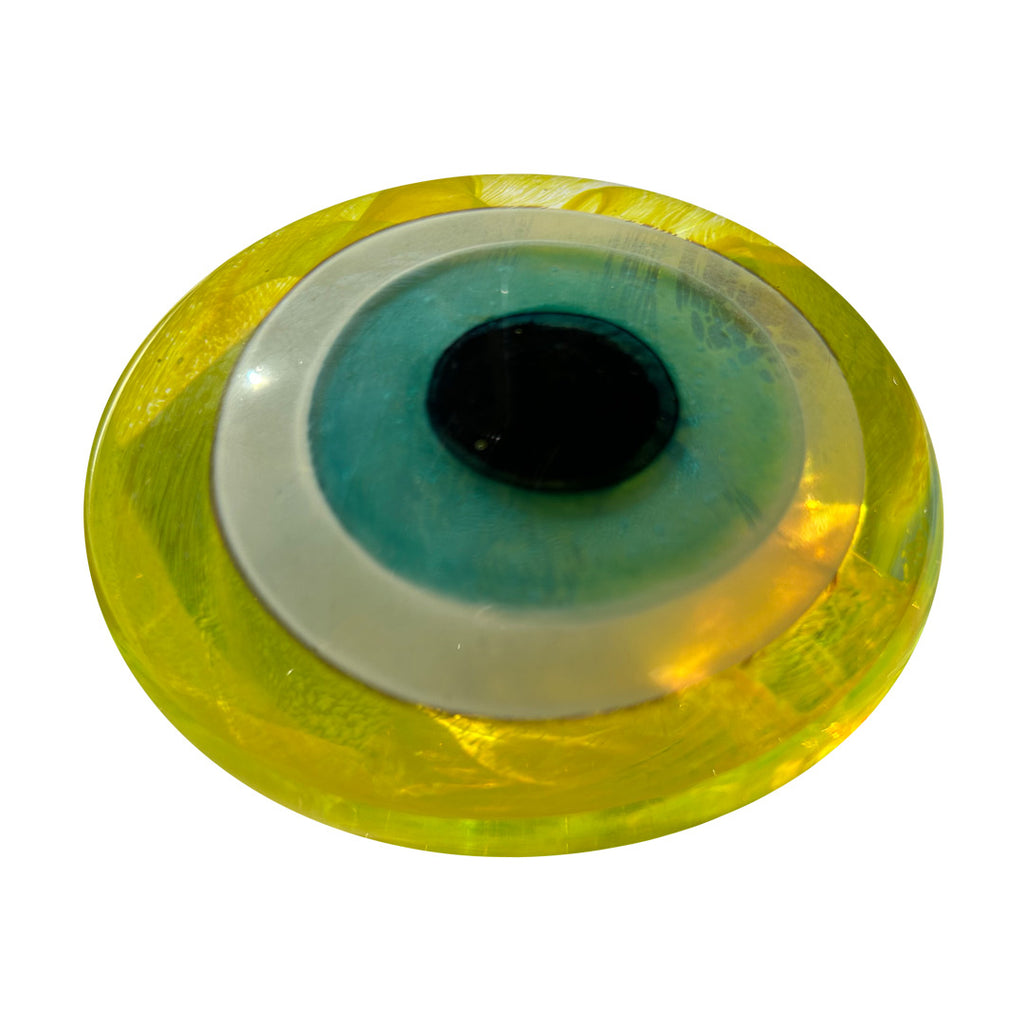 Sari turkuaz cam goz agirlik_Yellow and turquoise glass evil eye paper weight
