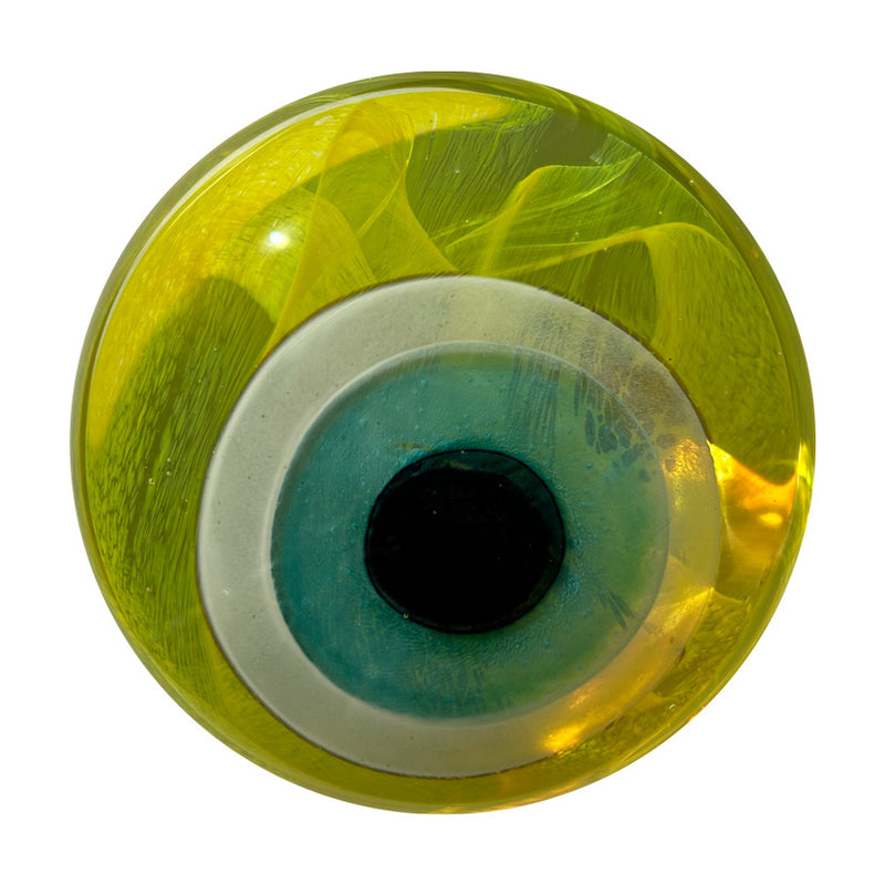 Sari turkuaz el yapimi cam goz agirlik_Yellow turquoise eye shaped hand made glass paper weight
