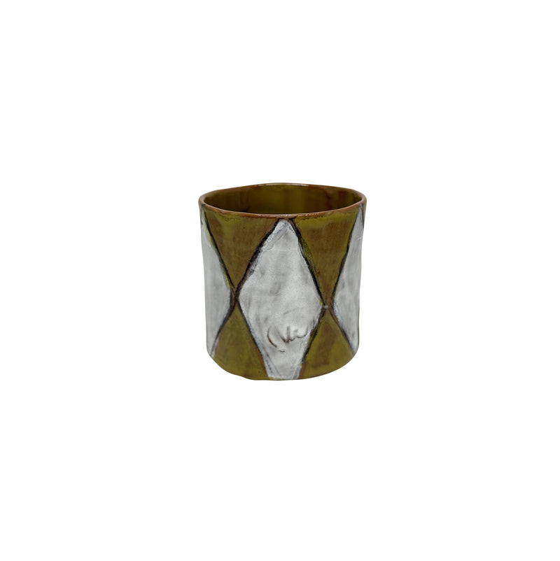 Sari ve beyaz baklava desenli seramik bardak saksi_Yellow and white diamond patterned cermaic cup pot