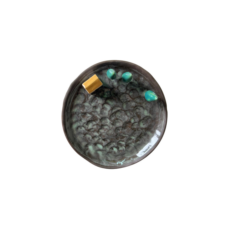 Sari yesil ve fume renklerde el yapimi seramik tabak_Hand made ceramic plate in yellow green and dark gray colors