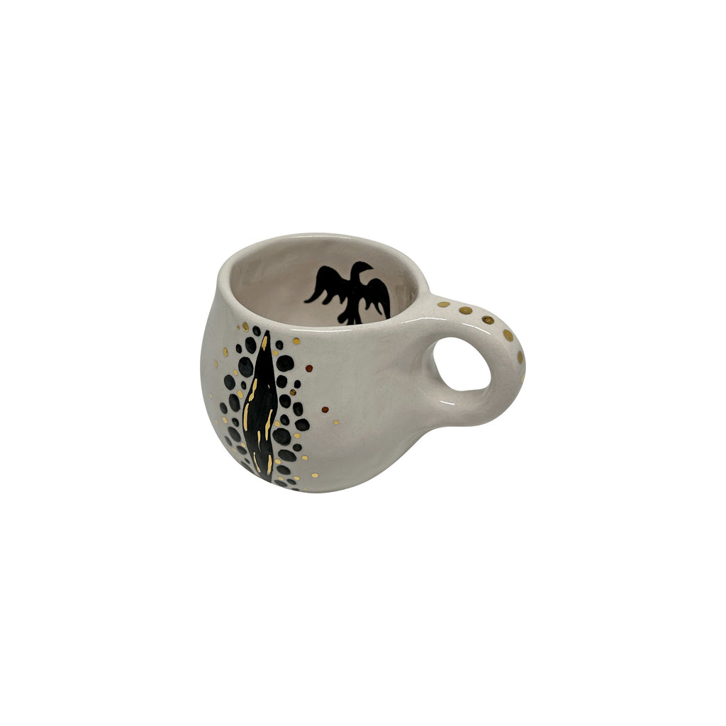 Siyah benekli ve kuslu beyaz sisman kupa_White fat mug with black bird and spots