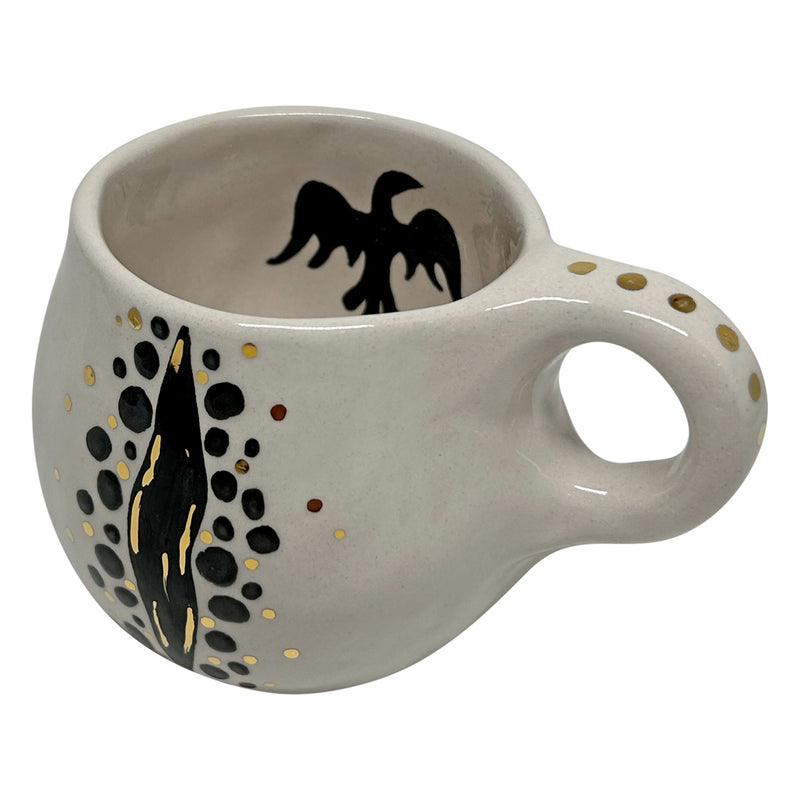 Siyah benekli ve kuslu beyaz sisman kupa_White fat mug with black bird and spots