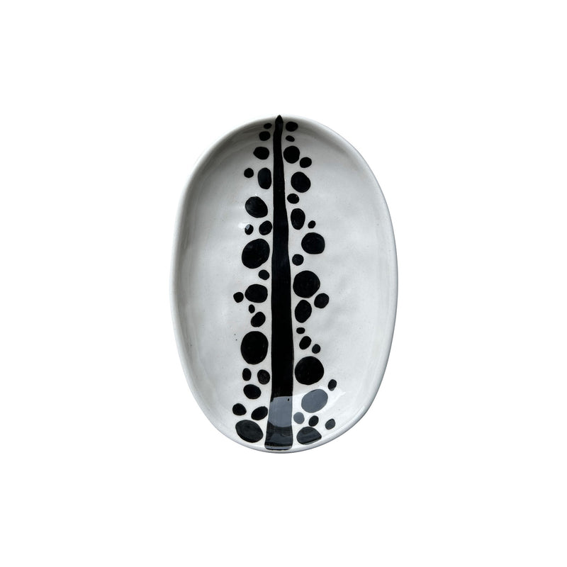 Siyah cizgi ve beneklerden olusan deseniyle beyaz oval tabak_White oval plate with black line and dots
