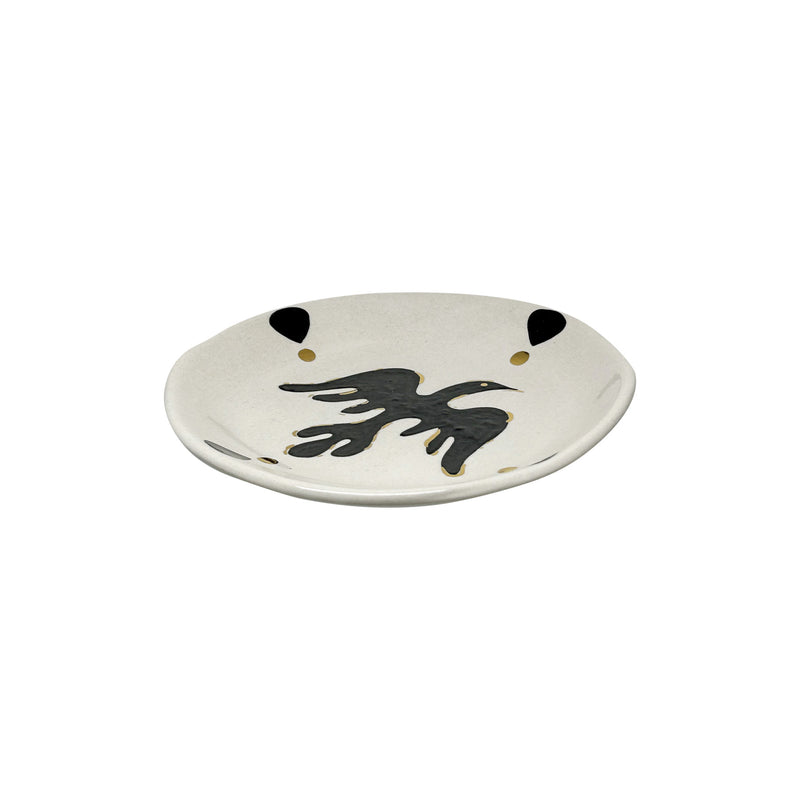 Siyah ve altin benekli ve kuslu Atolye 11 tabak_Plate with black and gold colored spots and bird pattern