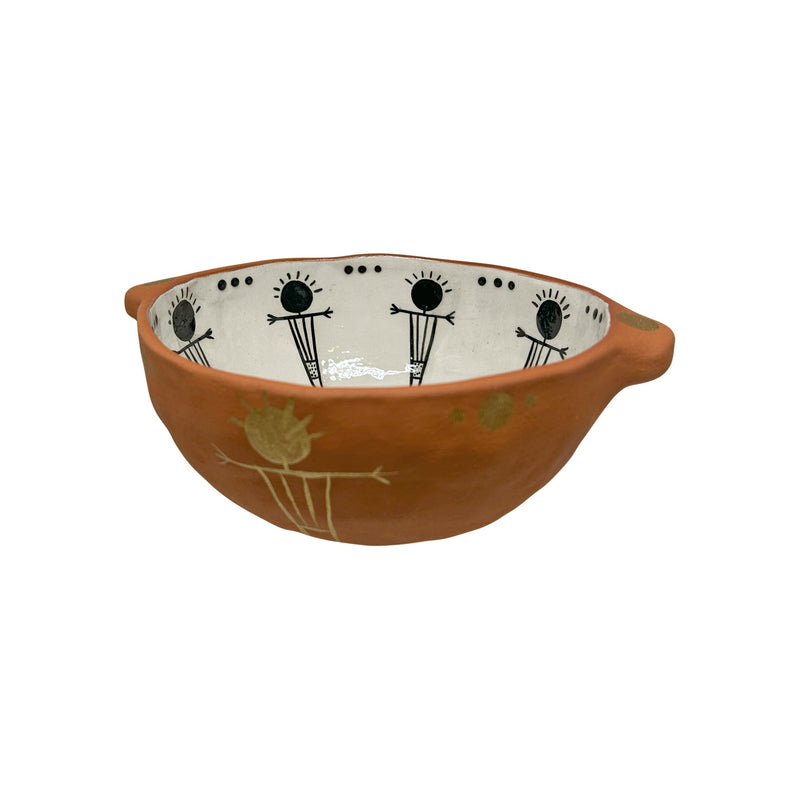Siyah ve altin renklerde stilize insan desenli kulplu seramik kase_Ceramic bowl with handle and human motis