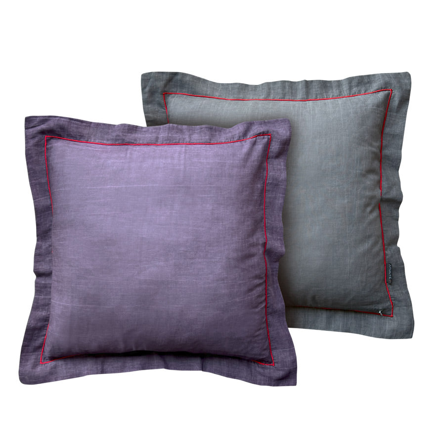 Taslanmis pamuklu mor ve fume cift yuzlu yastik_Stone washed cotton purple and dark gray double sided pillow