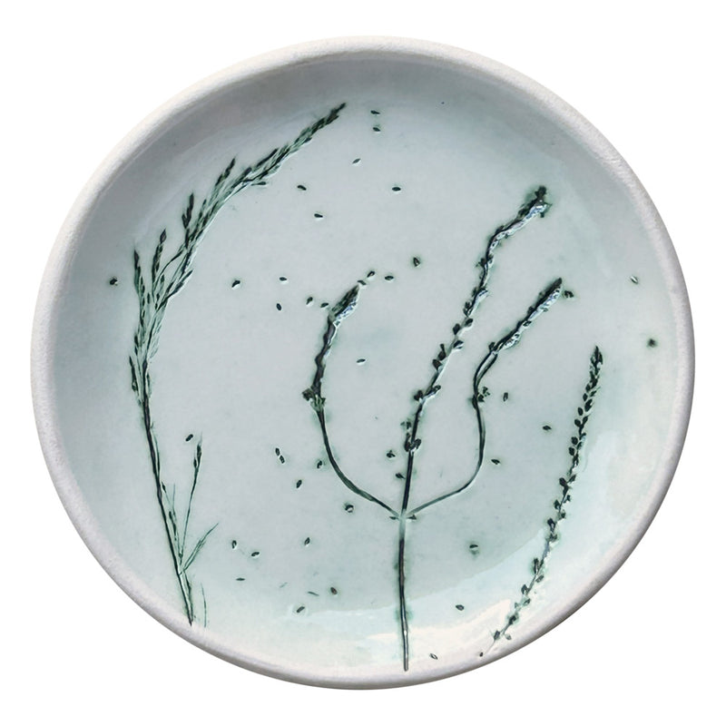 Tohumlu yesil bitkiler baskili bej kucuk tabak_Beige small plate pressed with green plants with seeds