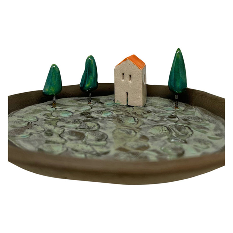 Toplam uc agac ve bir ev ile suslenmis kullu yesil kucuk tabak_Small ash green dish with three trees and a house