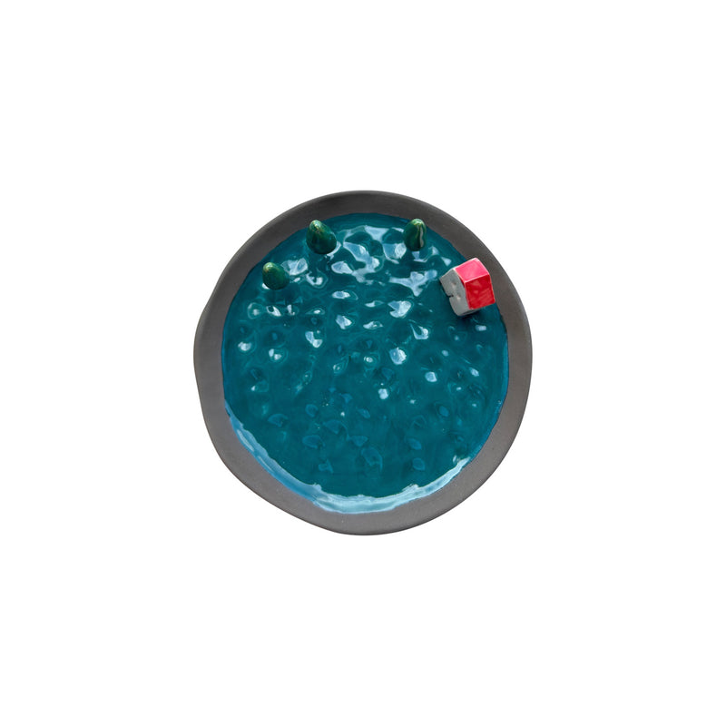 Toskana koy evi ve agaclari ile suslu petrol yesili taki tabagi_Peacock green jewelry dish with Toscana house and trees