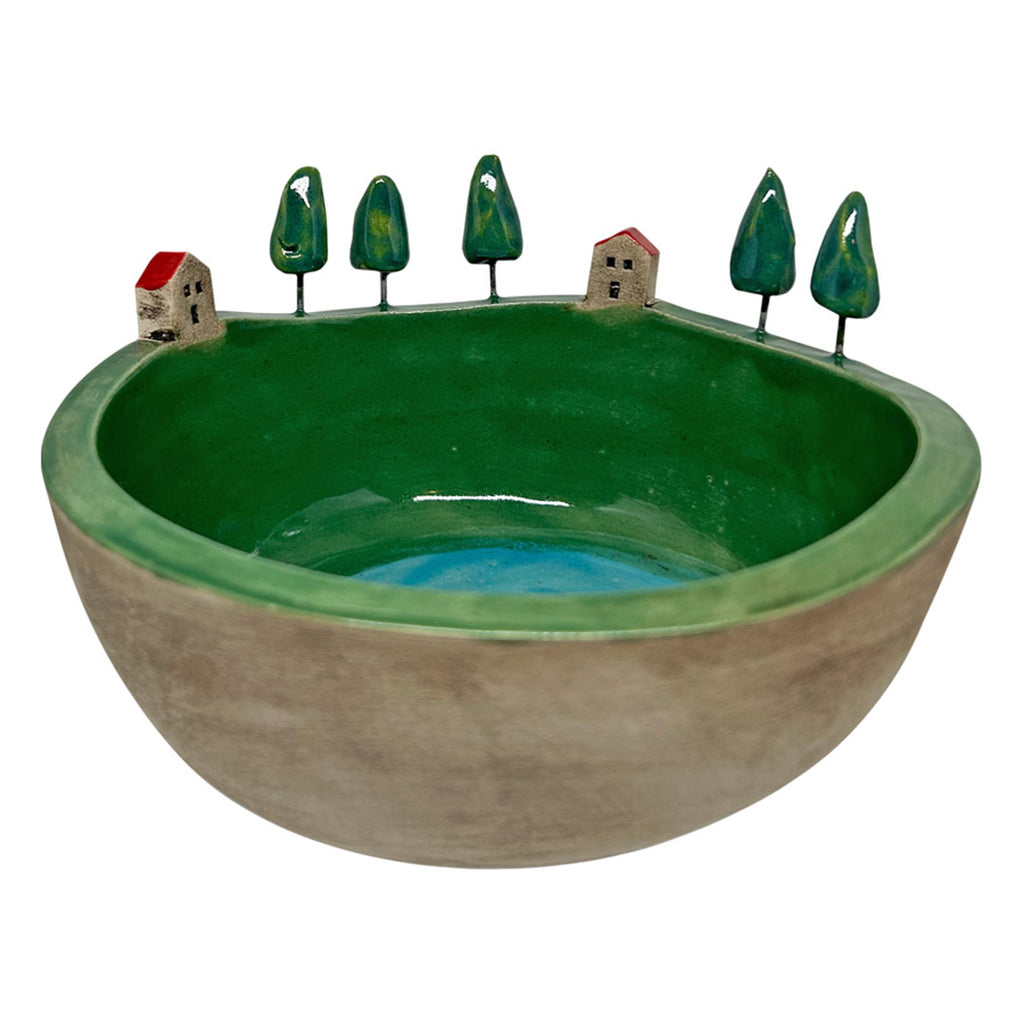 Toskana koyunu andiran yesil el yapimi seramik kase_Handmade green ceramic bowl resembling a Toscana village