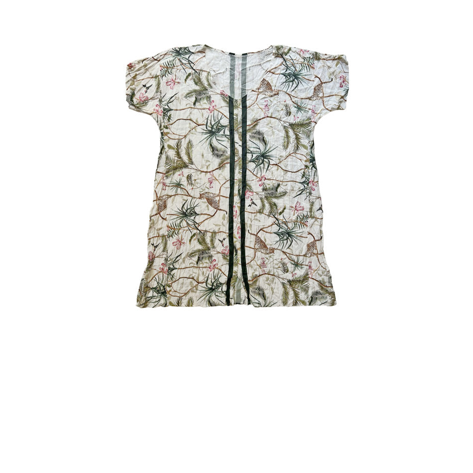 Tropik desenli kisa kollu kirik beyaz pamuklu kisa bol elbise_Tropical print short sleeve off white short dress