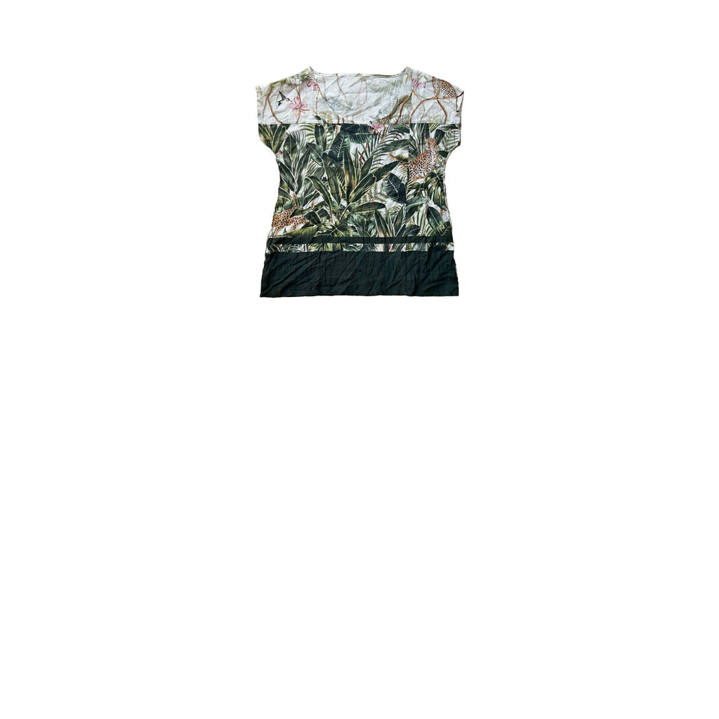 Tropik desenli kisa kollu koyu yesil ve kirik beyaz bluz_Tropical print short sleeve dark green and off white cotton blouse