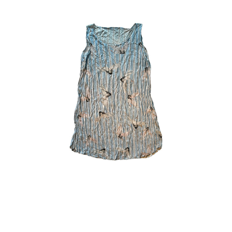 Turna desenli soluk mavi askili kisa elbise_Pale blue strap short dress with crane pattern