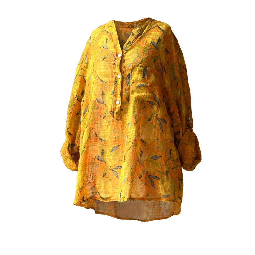 Turuncu ustune limon desenli pamuklu gomlek_Orange cotton shirt with lemon patterns