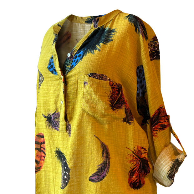 Tuy desenli sari kadin gomlegi_Feather patterned yellow womens shirt