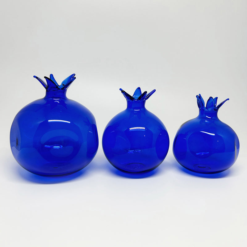 Uc boy civit mavi seffaf ufleme cam nar_Three size prussian blue glass pomegranates