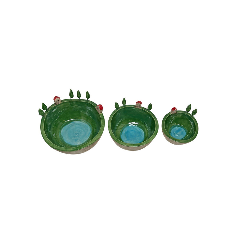 Uc boy kenari ev ve agacli seramik kase_Three sized ceramic bowls with houses and trees on the edge