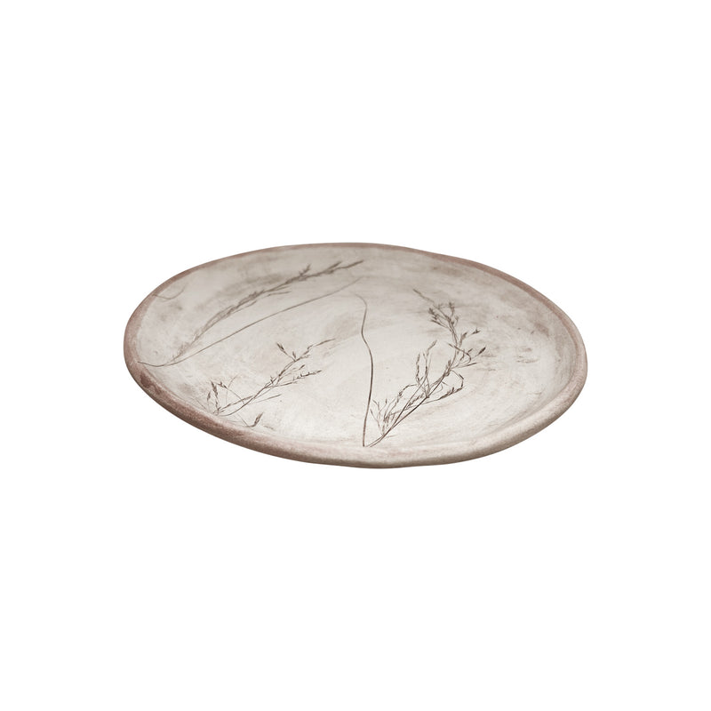 Uc ince ot baskili soluk pembe el yapimi tabak_Pale pink handmade plate with negative relief of three thin herbs