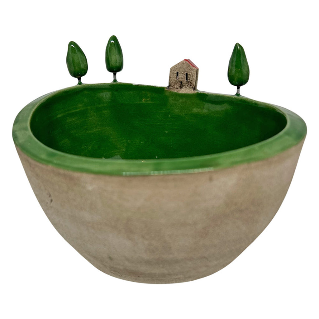 Uc seramik agac ve bir ev ile suslenmis kucuk kase_Small ceramic bowl decorated with ceramic house and trees