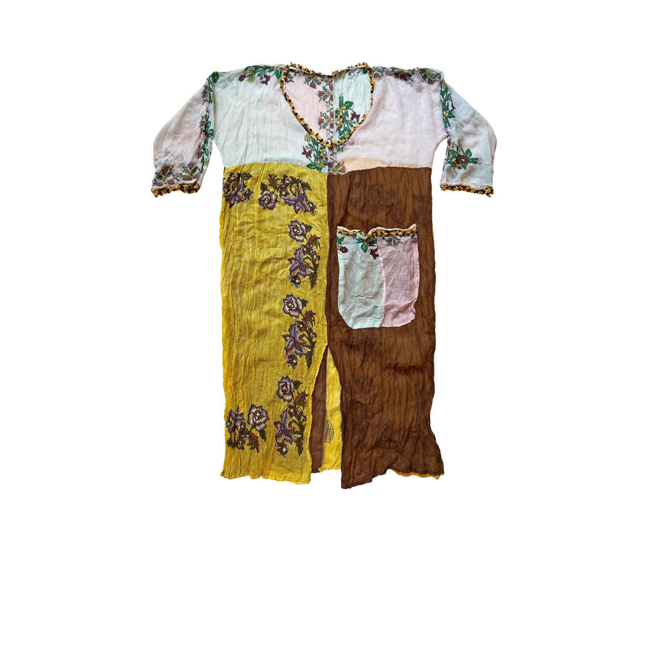 Ucuk yesil ve pembe ile kahverengi ve sari renklerde yamali yemeni elbise_Patchwork muslin dress in yellow brown pale green and pink