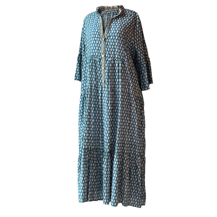 Ufak desenli lacivert uzun elbise_Long dress with small navy blue embroidery