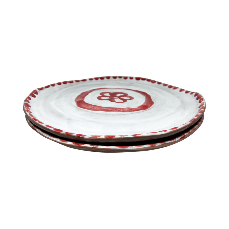 Ust uste duran cicek desenli kirmizi beyaz iki adet tabak_Two red white flower patterned plates on top of each other