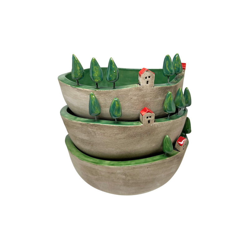 Ust uste duran kenari ev ve agacli buyuk kaseler_Large handmade bowls with trees and houses on the edge