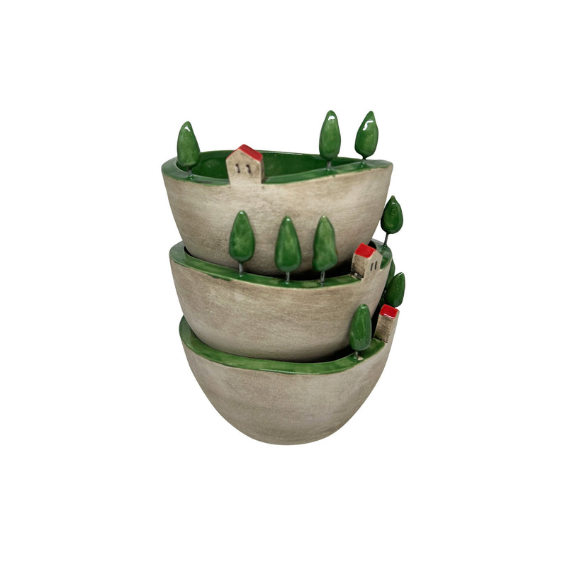 Ust uste duran kenari ev ve agacli orta boy kaseler_Handmade bowls with trees and houses on the edge