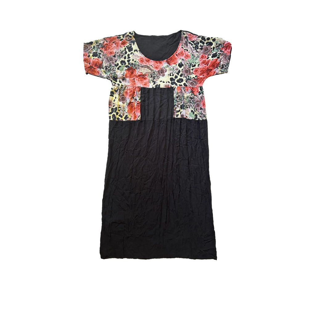Ustu gul desenli alti siyah kisa kollu pamuklu uzun elbise_Short sleeve cotton long dress with rose pattern on top and black bottom