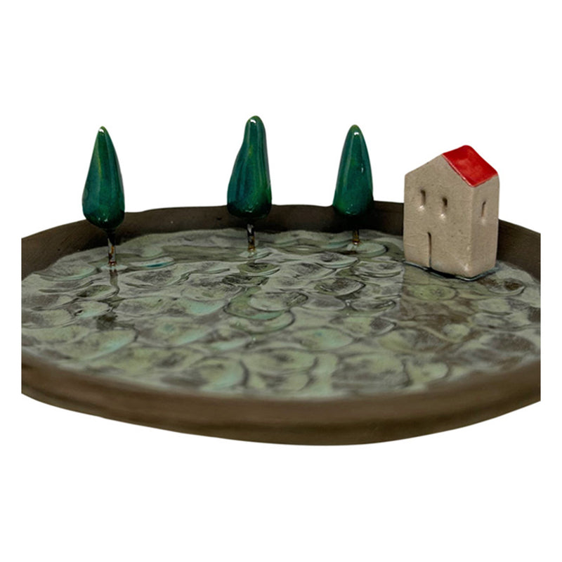 Ustunde bir koy evi ve selvi agaclari olan kucuk tabak_Small dish with a village house and cypress trees on it