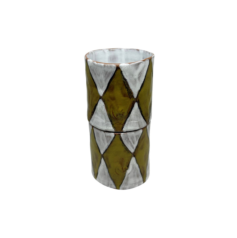 Ustuste beyaz sari baklavali seramik bardak_Two stacking white yellow diamond patterned cups