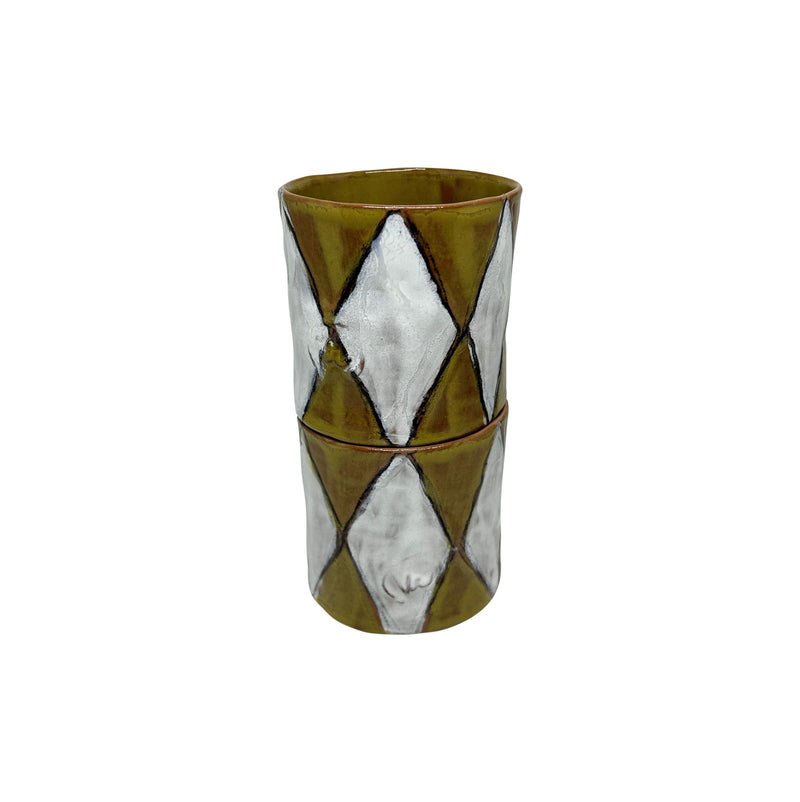 Ustuste sari beyaz baklavali seramik bardak_Two stacking yellow white diamond patterned cups