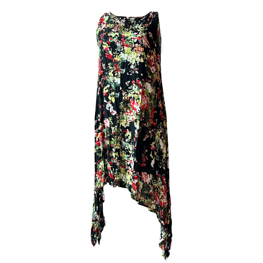 V yakali siyah ustune rengarenk cicek desenli elbise_Colorful flower patterned black V neck dress with straps