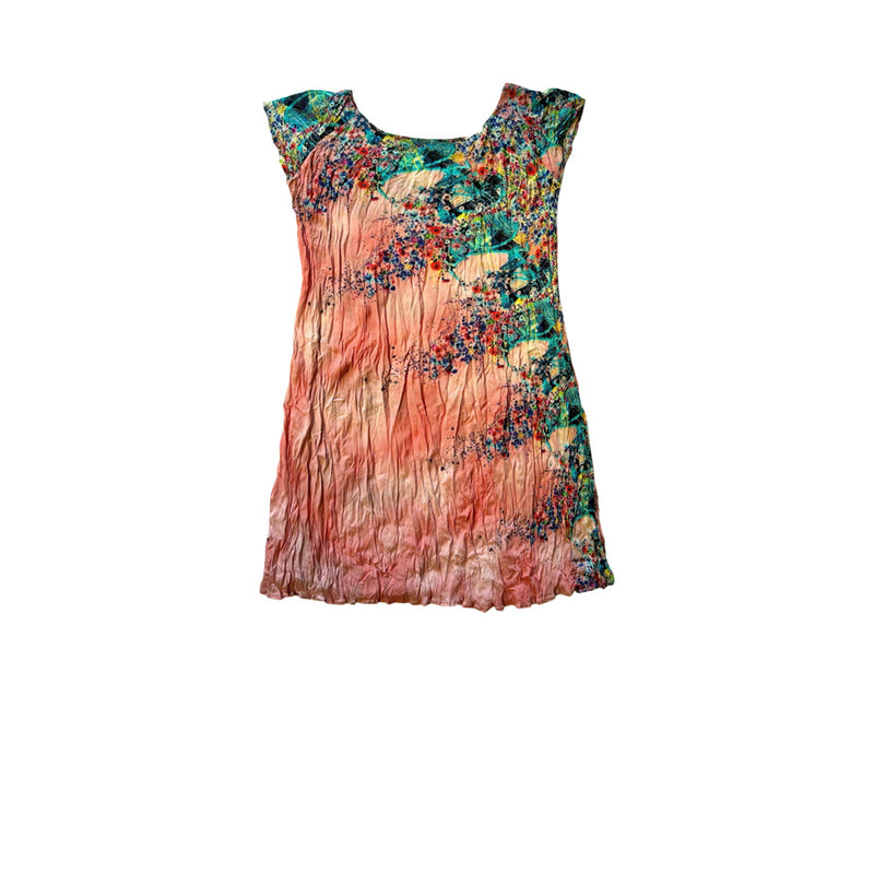 Verev cicek desenli somon rengi kolsuz elbise_Salmon color sleeveless dress with bias floral pattern