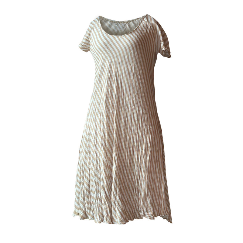 Verevine ince kahverengi cizgili bej kisa kollu elbise_Oblique brown striped short sleeve beige dress