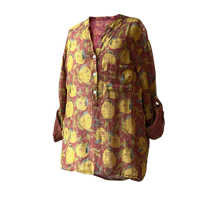 Yakasi dugmeli sari limon desenli bordo gomlek_Burgundy color shirt with yellow lemon pattern