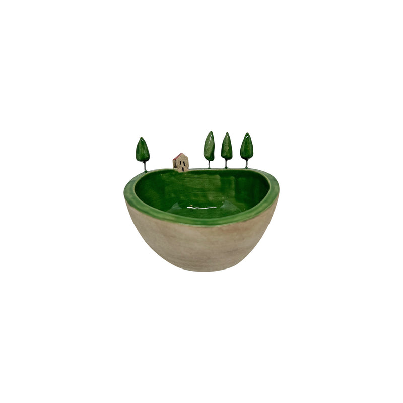 Yan yana dizilmis ev ve agaclarla kenari suslenmis kucuk kase_Small ceramic bowl with house and trees side by side on the edge